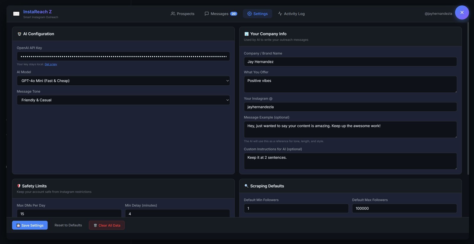 Reachify Z settings for AI model, message tone, company information, and safety limits